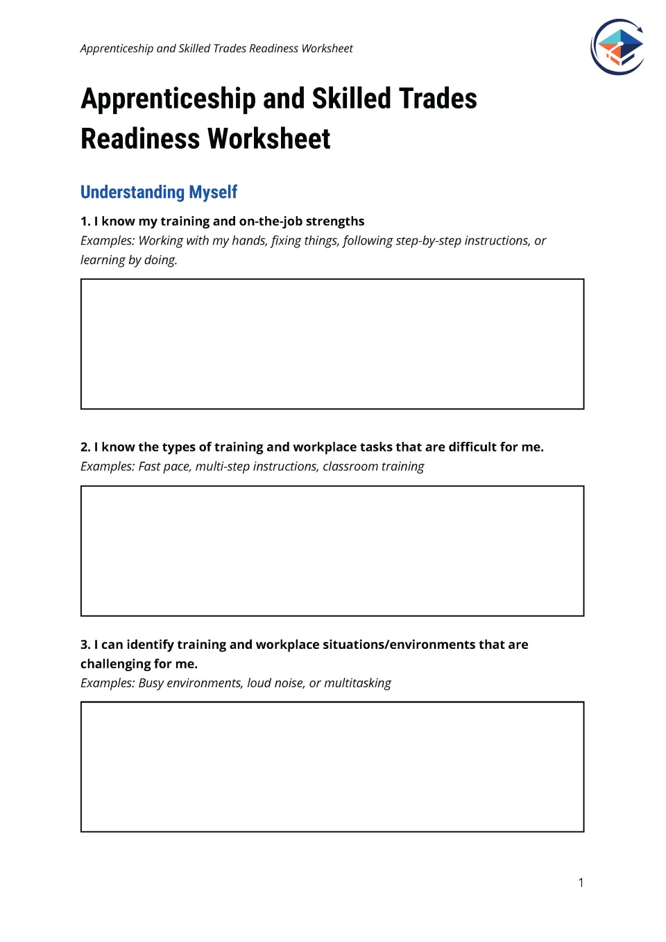 First page of the Apprenticeship and Skilled Trades Readiness Worksheet