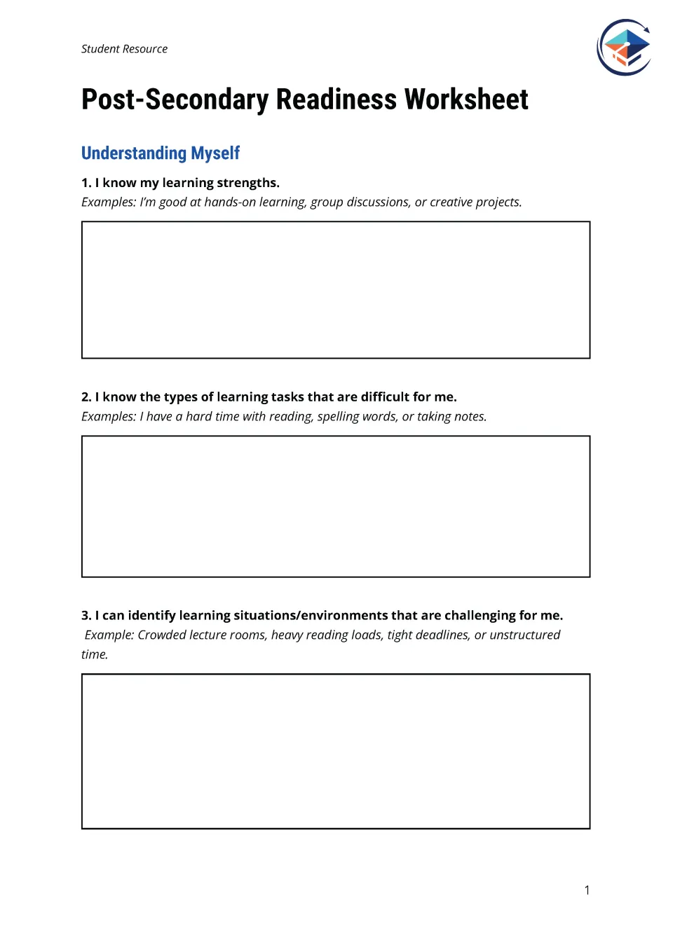 Screenshot of first page of Post-Secondary Readiness Worksheet