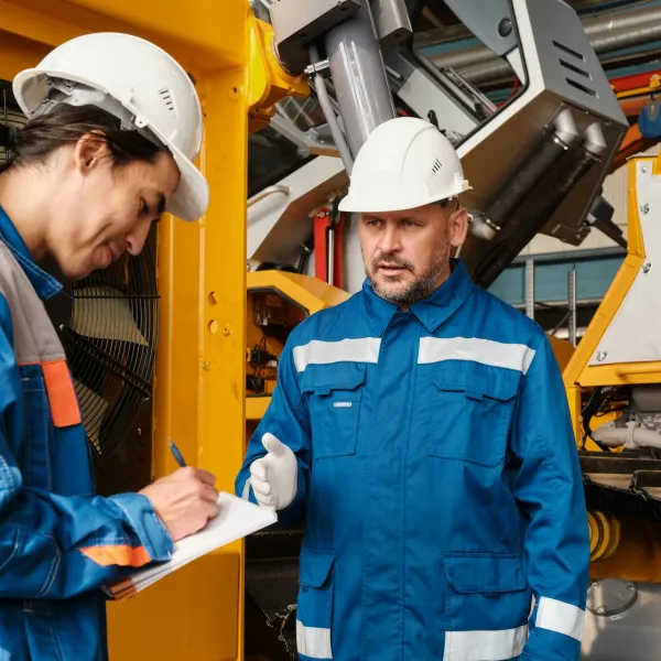 Two people in hardhats converse, one is writing something on a notepad