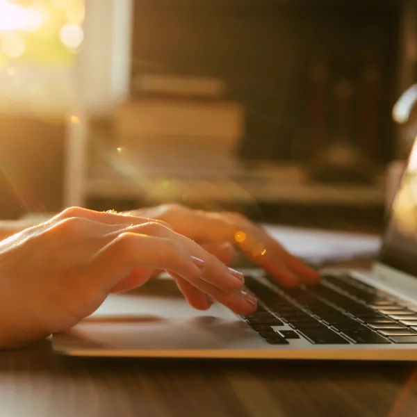 A close-up shot of hands typing on a laptop keyboard, bathed in warm sunlight