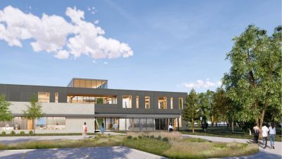 Rendering of the First Nations Technical Institute building with landscaped grounds and people walking outside